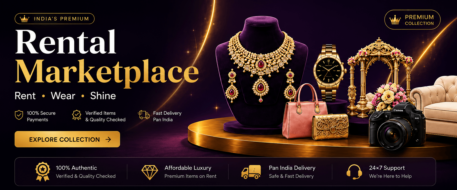 RentZora rental marketplace — rent, wear, shine. 100% authentic, verified items, pan-India delivery.