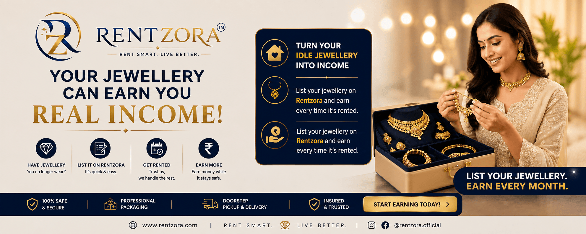 Your jewellery can earn you real income — list it on RentZora and earn every time it's rented.