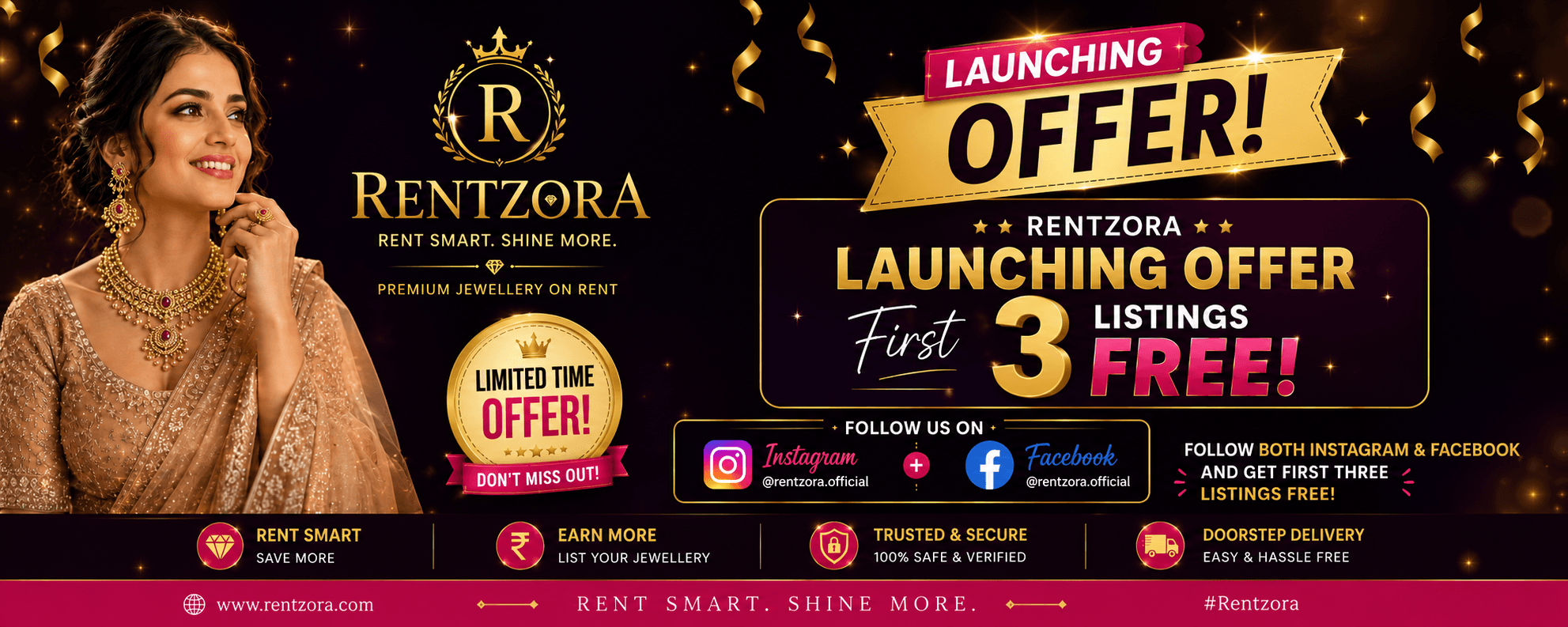 RentZora launching offer — first 3 listings free. Follow @rentzora.official on both Instagram and Facebook to claim it.
