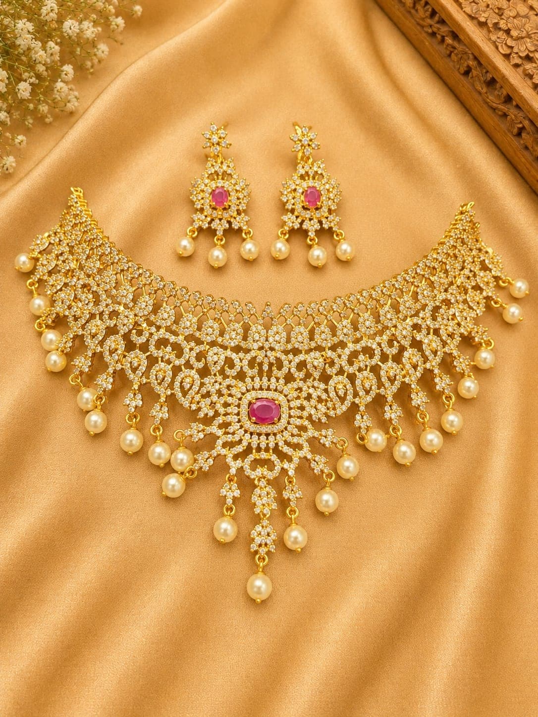 CZ choker with ruby centre stone and pearl drops